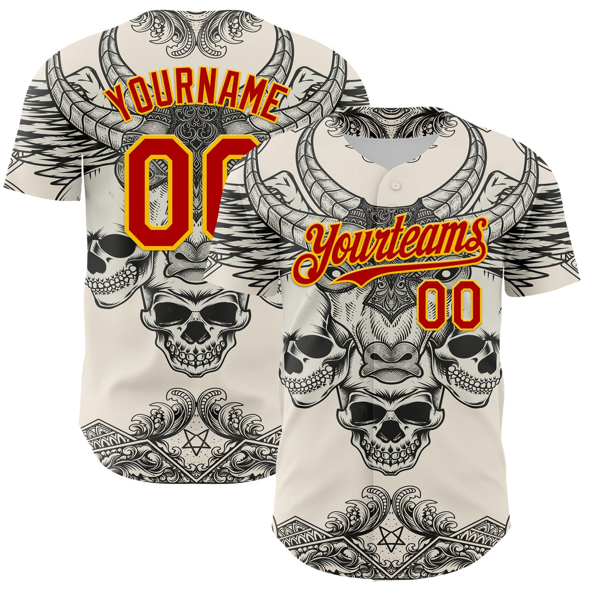 Custom Cream Red-Yellow 3D Pattern Design Burner Costumes Hell Skull Authentic Baseball Jersey