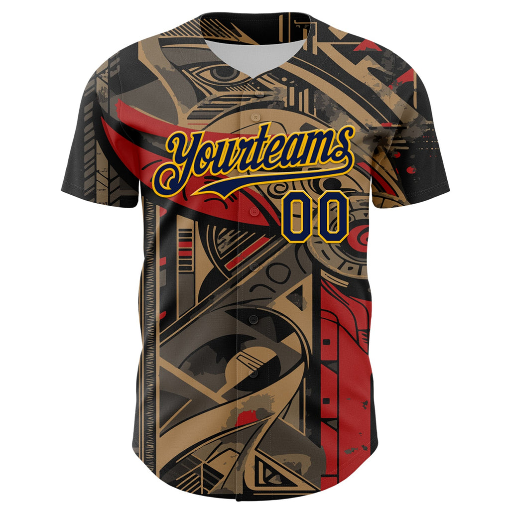 Custom Black Navy-Yellow 3D Pattern Design Burner Costumes Abstract Shape Authentic Baseball Jersey