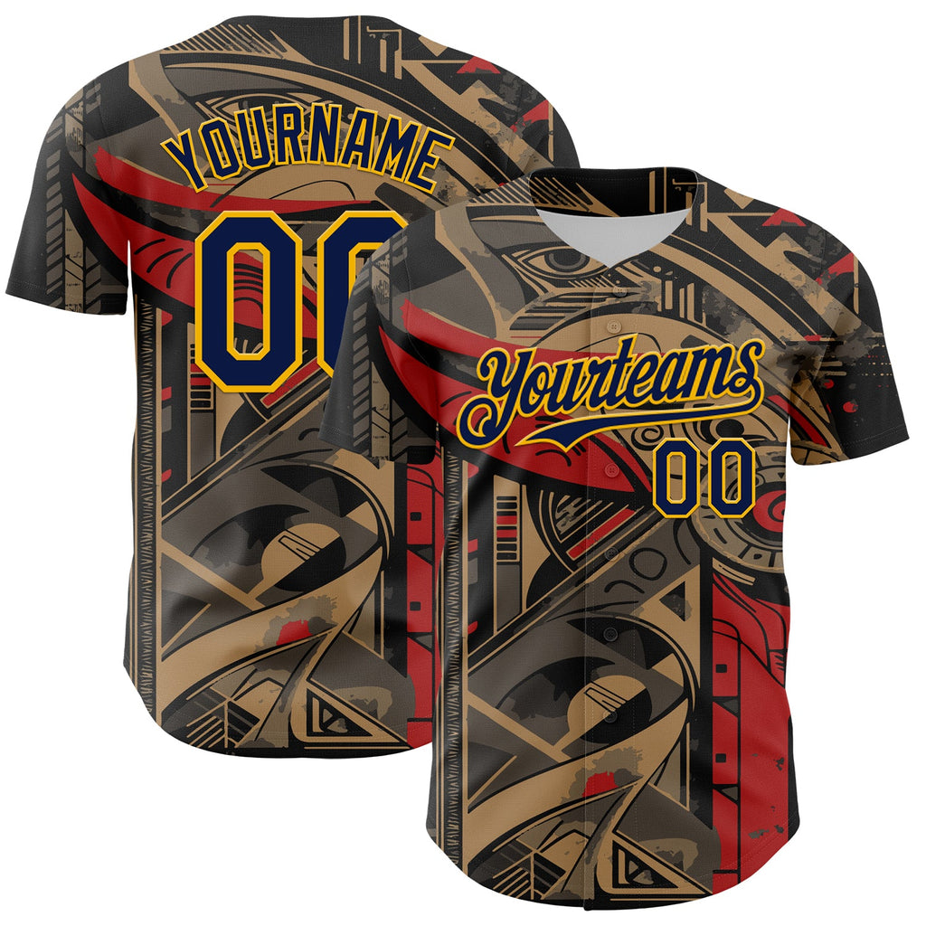 Custom Black Navy-Yellow 3D Pattern Design Burner Costumes Abstract Shape Authentic Baseball Jersey