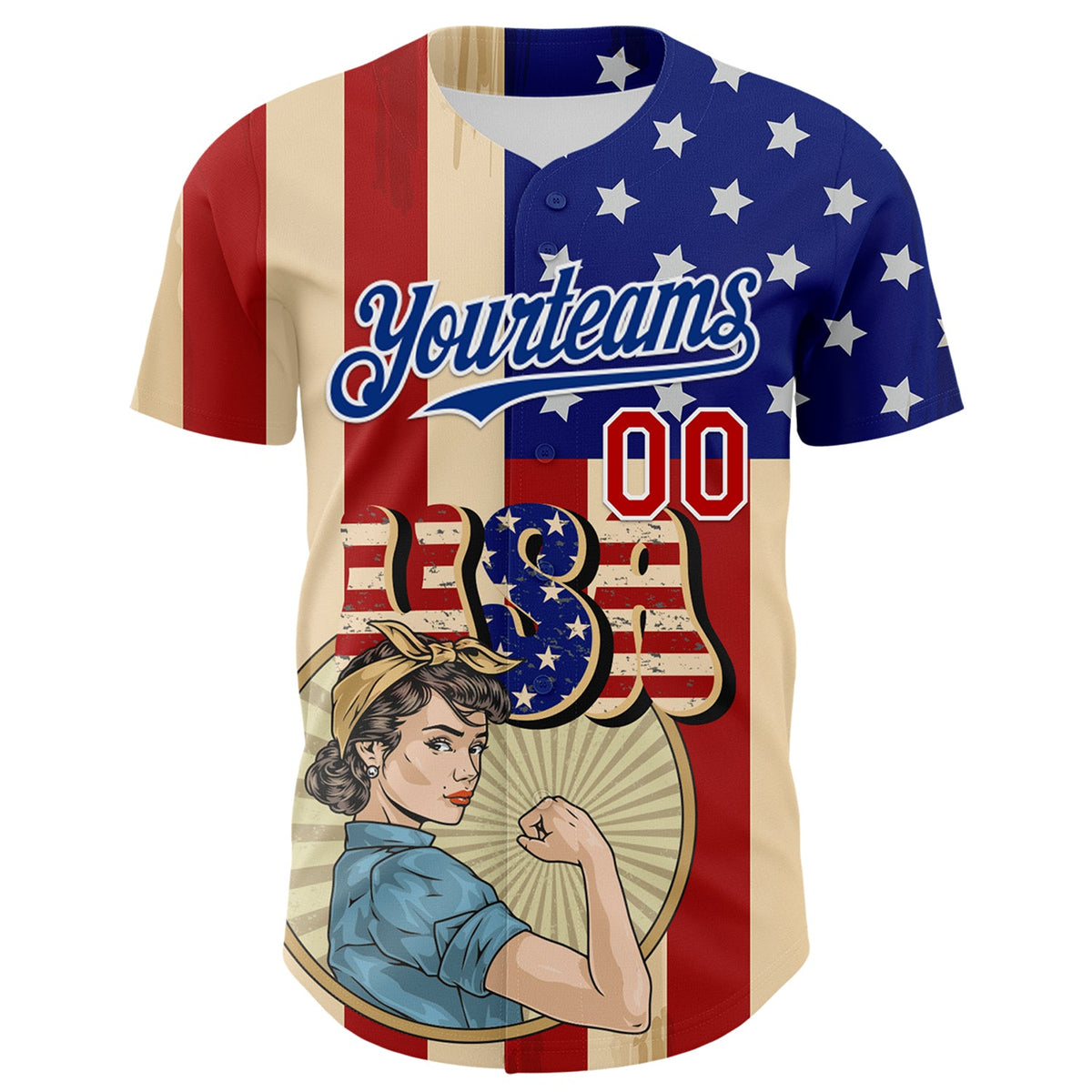 Custom Cream Red Royal-White 3D Retro American Flag Authentic Baseball Jersey