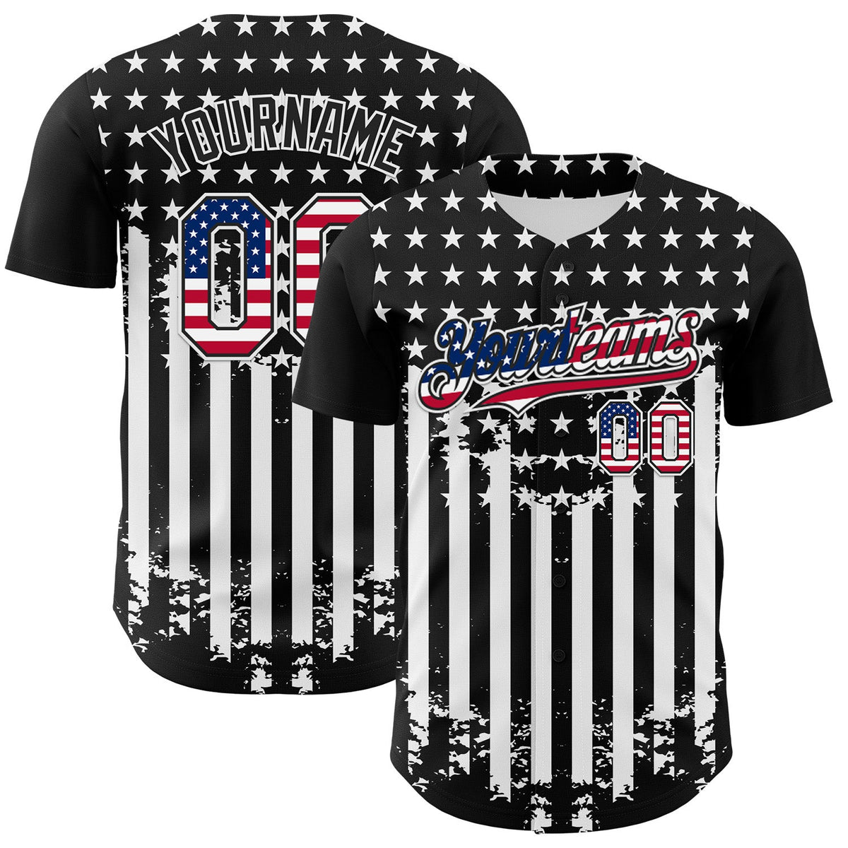 Custom Black USA Flag-White 3D Retro American Flag Authentic Baseball Jersey