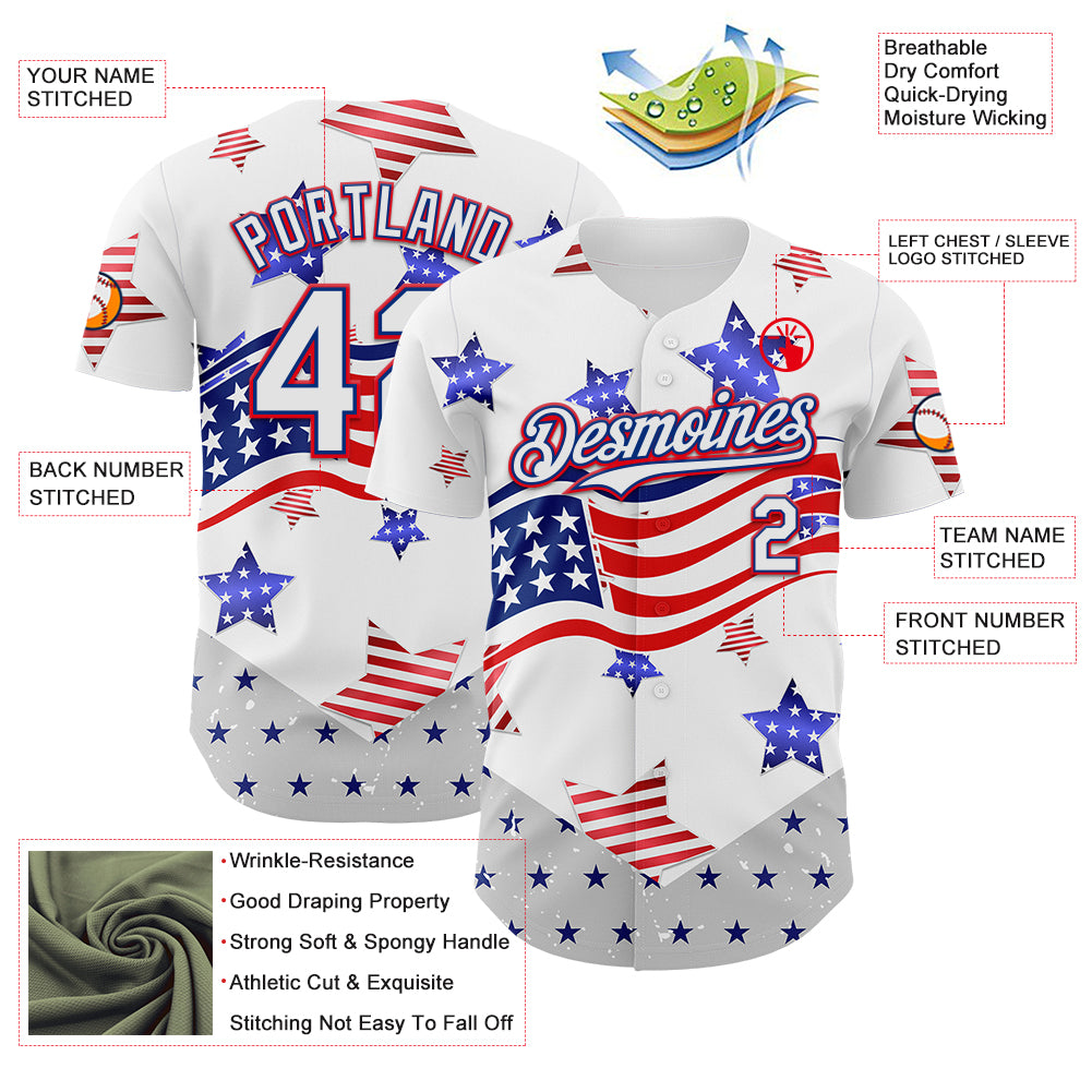 Custom White Royal-Fire Red 3D American Flag Stars Authentic Baseball Jersey