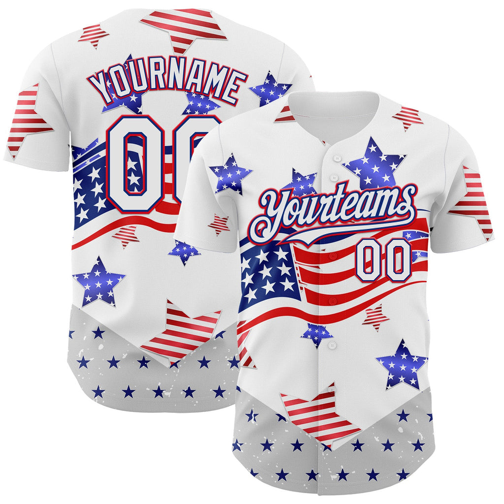 Custom White Royal-Fire Red 3D American Flag Stars Authentic Baseball Jersey