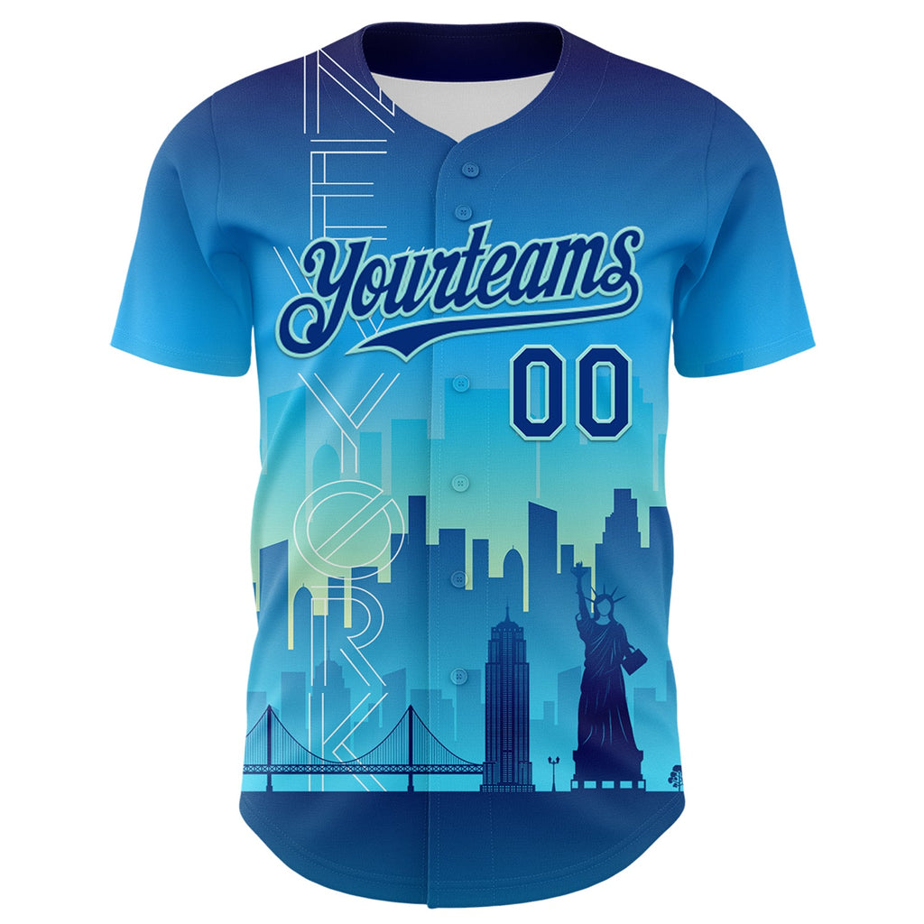 Custom Blue Royal-Ice Blue 3D Pattern Design New York Cityscape Statue Of Liberty Authentic Baseball Jersey