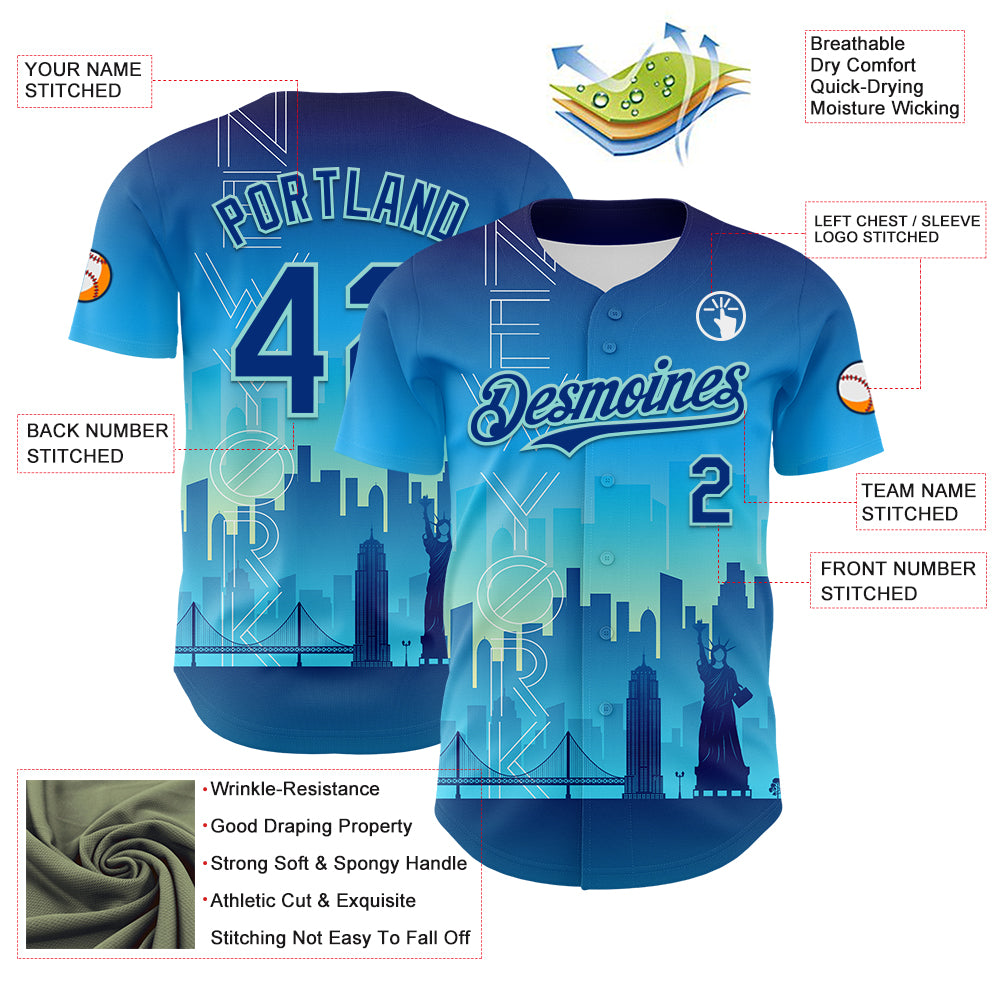 Custom Blue Royal-Ice Blue 3D Pattern Design New York Cityscape Statue Of Liberty Authentic Baseball Jersey