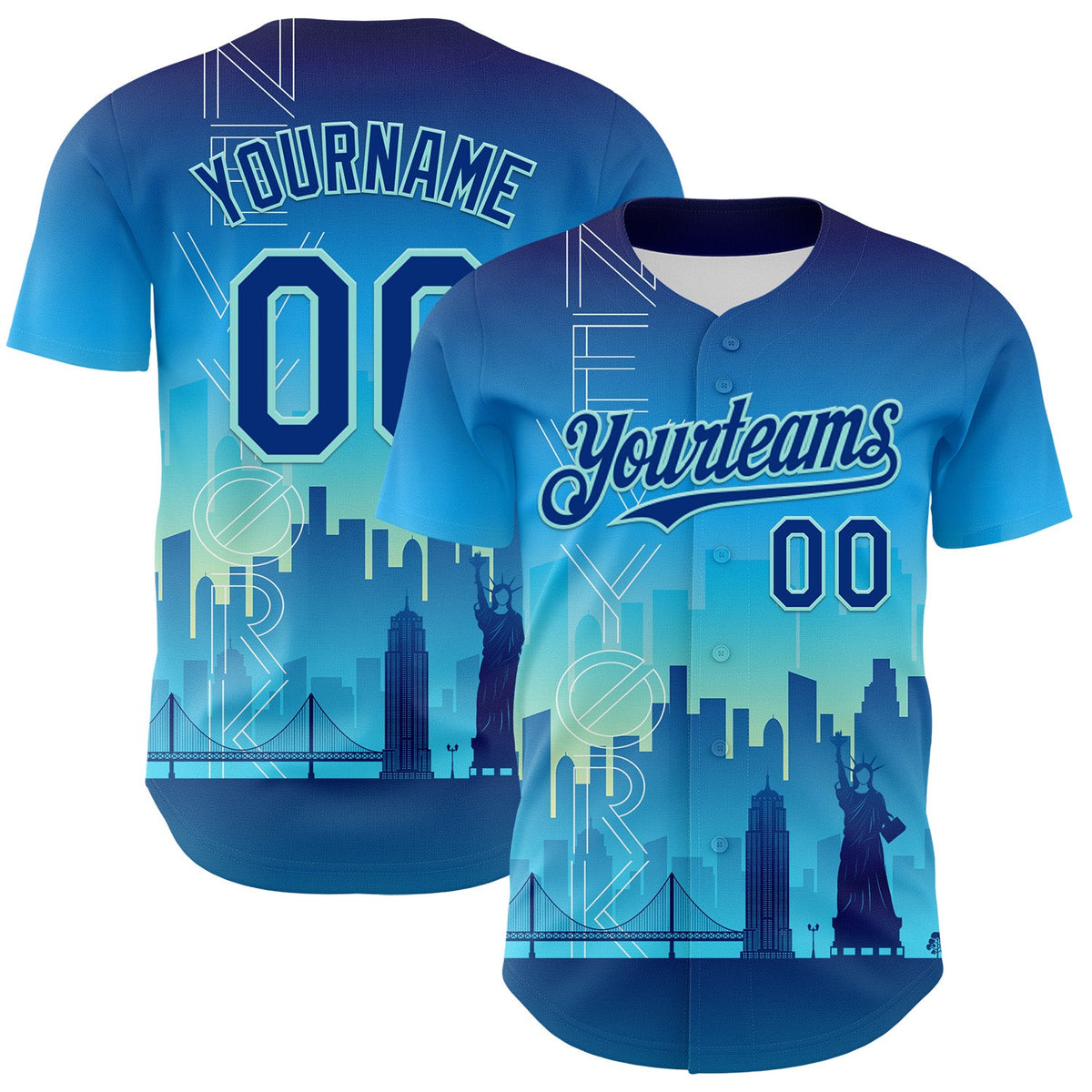 Custom Blue Royal-Ice Blue 3D Pattern Design New York Cityscape Statue Of Liberty Authentic Baseball Jersey