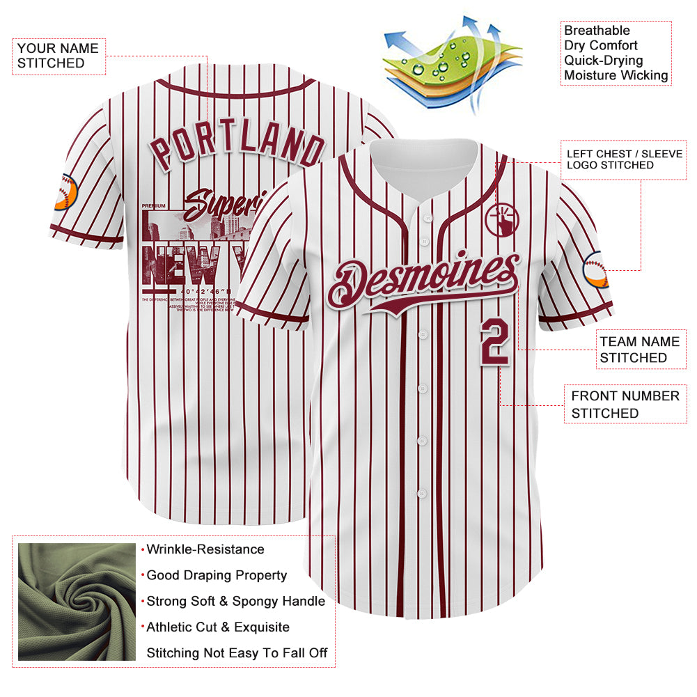 Custom White Crimson Pinstripe Crimson 3D Pattern Design New York Cityscape Authentic Baseball Jersey