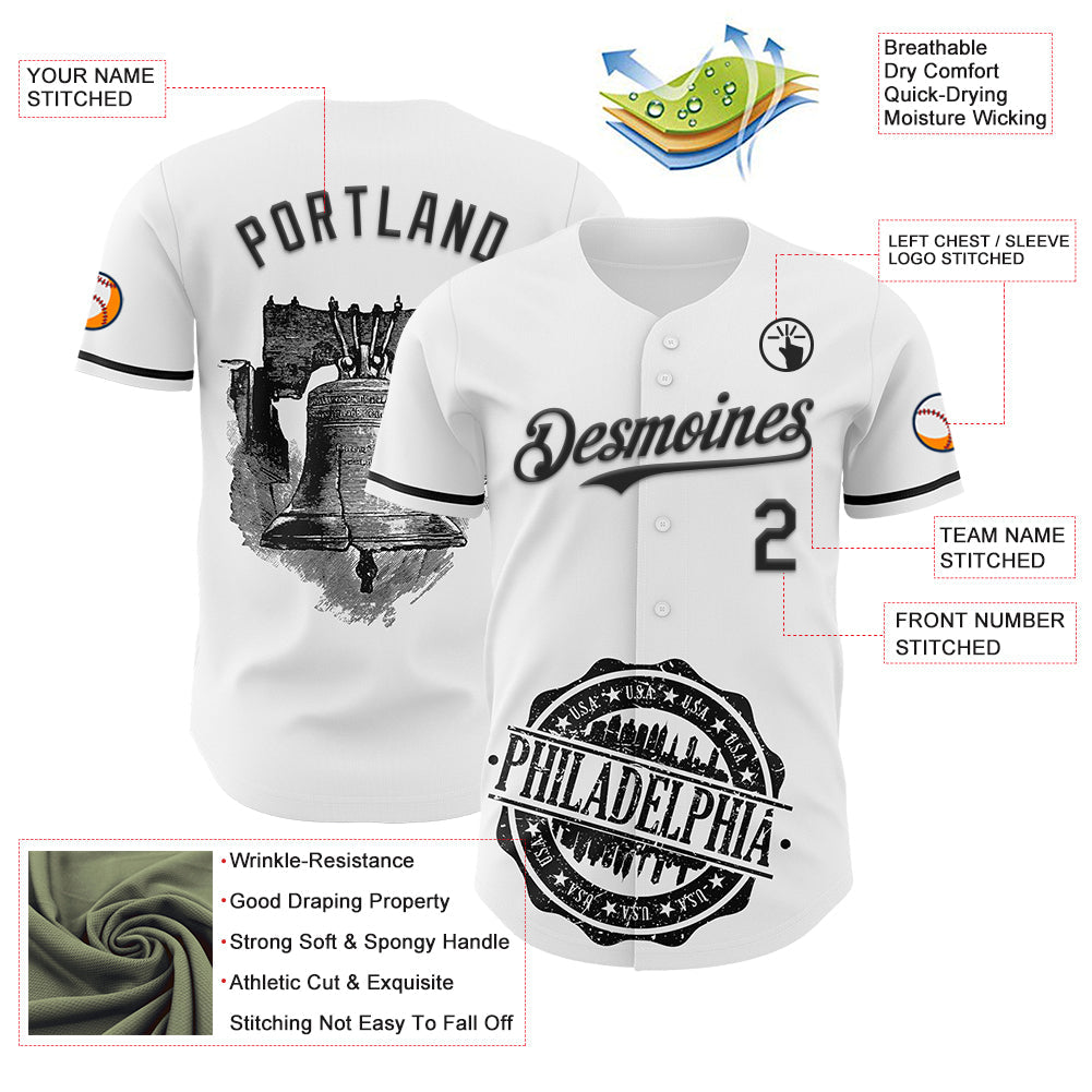 Custom White Black 3D Pattern Design Philadelphia Cityscape Liberty Bell Authentic Baseball Jersey