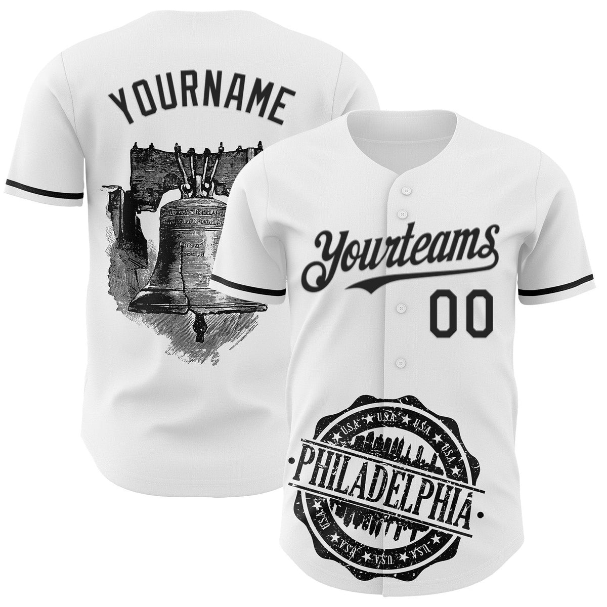 Custom White Black 3D Pattern Design Philadelphia Cityscape Liberty Bell Authentic Baseball Jersey