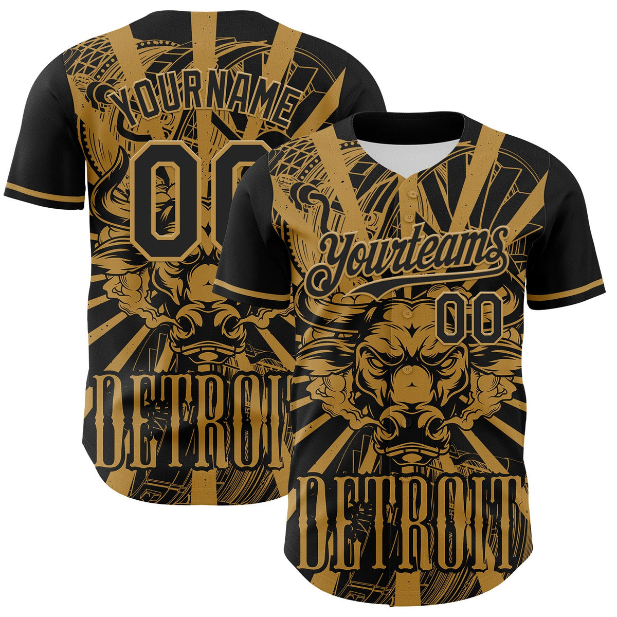Custom Black Old Gold 3D Pattern Design Detroit Cityscape Steampunk Engine Bull Authentic Baseball Jersey