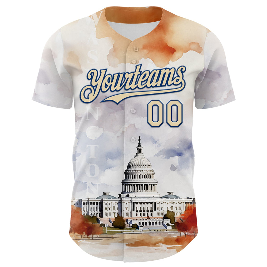 Custom White Cream-Royal 3D Pattern Design Washington Cityscape United States Capitol Authentic Baseball Jersey