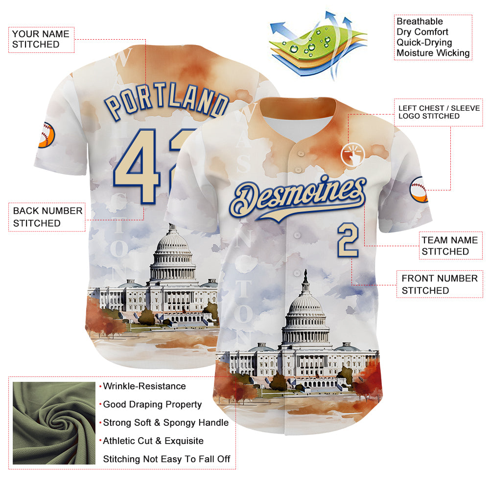 Custom White Cream-Royal 3D Pattern Design Washington Cityscape United States Capitol Authentic Baseball Jersey