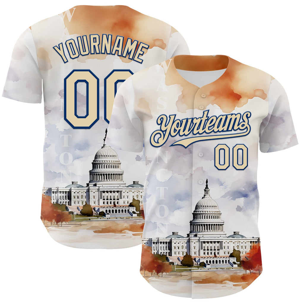Custom White Cream-Royal 3D Pattern Design Washington Cityscape United States Capitol Authentic Baseball Jersey
