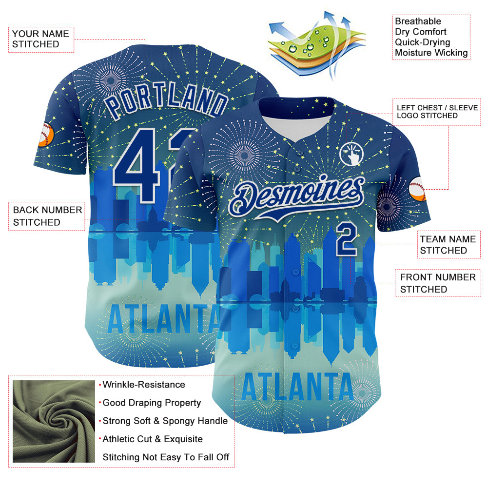 Custom Blue Royal-White 3D Pattern Design Atlanta Cityscape Fireworks Authentic Baseball Jersey