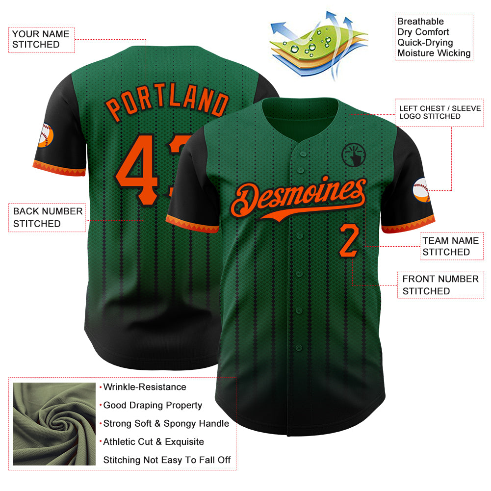 Custom Kelly Green Orange-Black 3D Pattern Design Gradient Geometric Shape Authentic Baseball Jersey