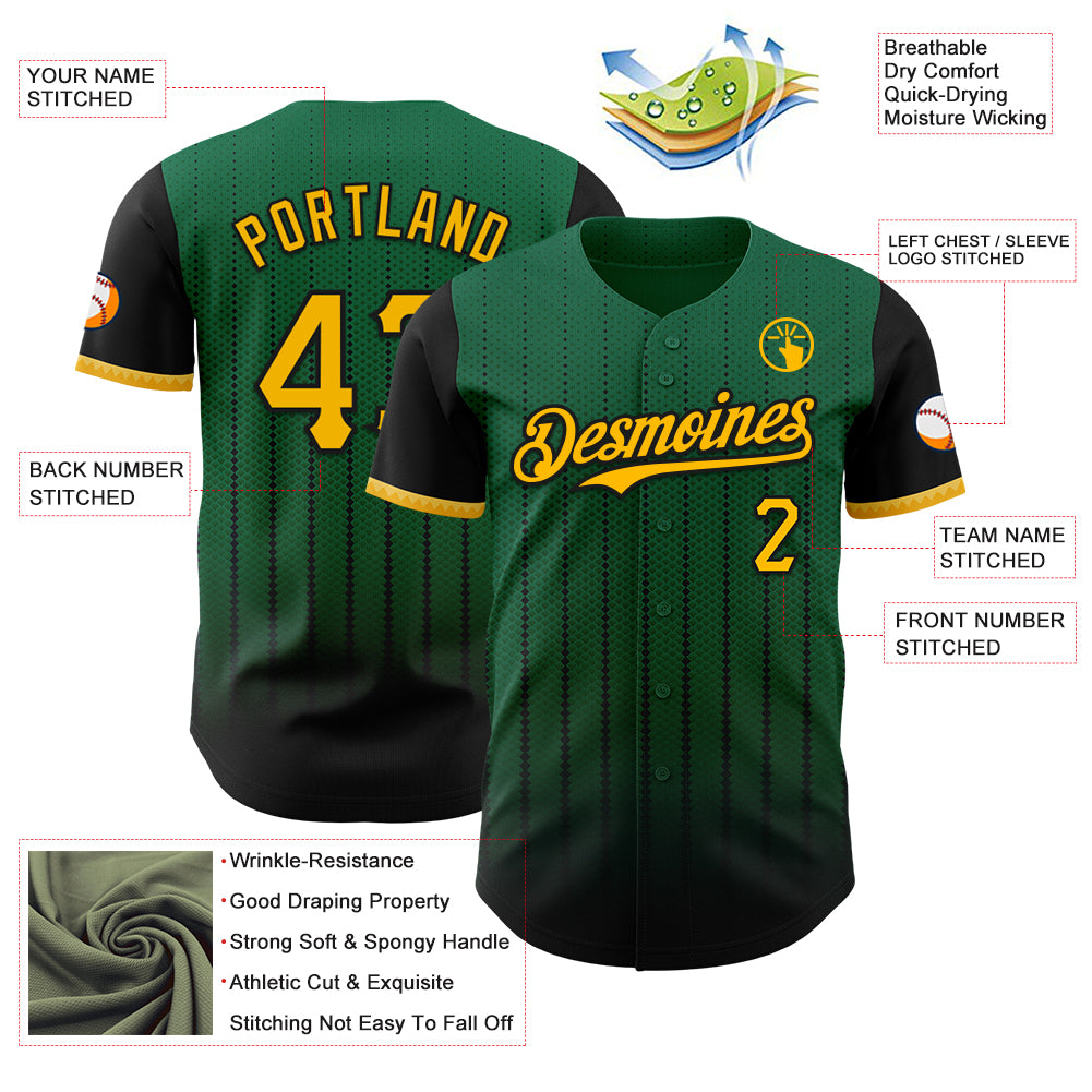 Custom Kelly Green Gold-Black 3D Pattern Design Gradient Geometric Shape Authentic Baseball Jersey