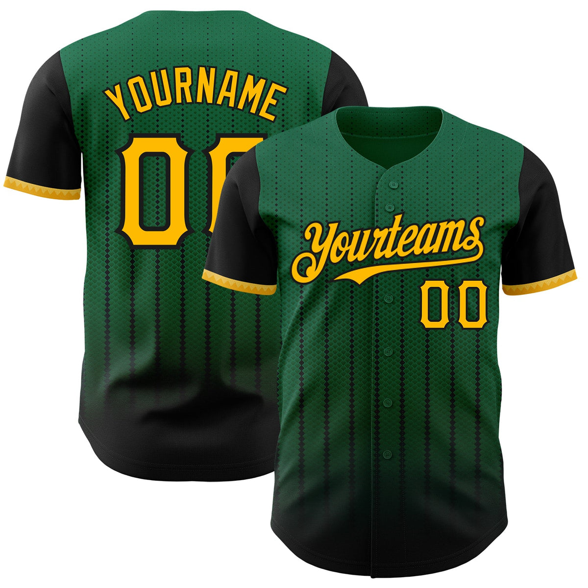 Custom Kelly Green Gold-Black 3D Pattern Design Gradient Geometric Shape Authentic Baseball Jersey