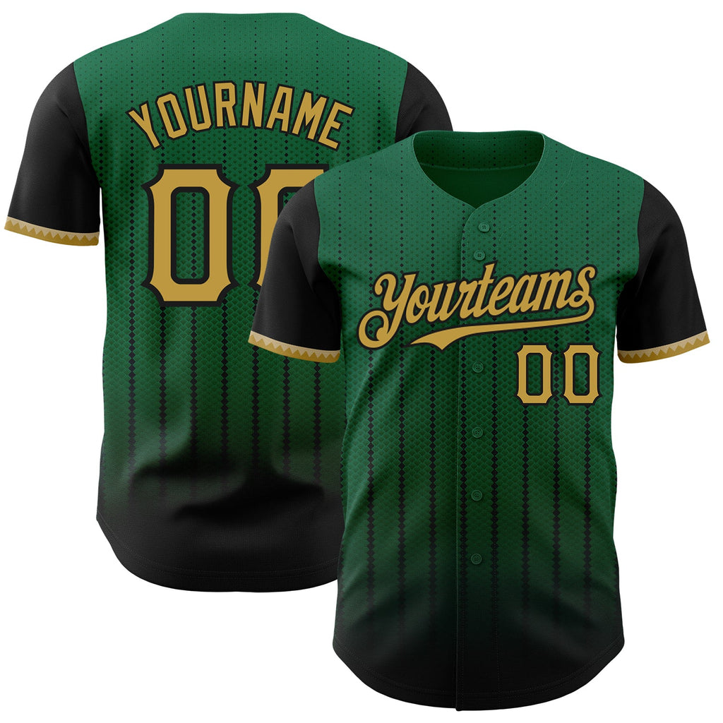Custom Kelly Green Old Gold-Black 3D Pattern Design Gradient Geometric Shape Authentic Baseball Jersey