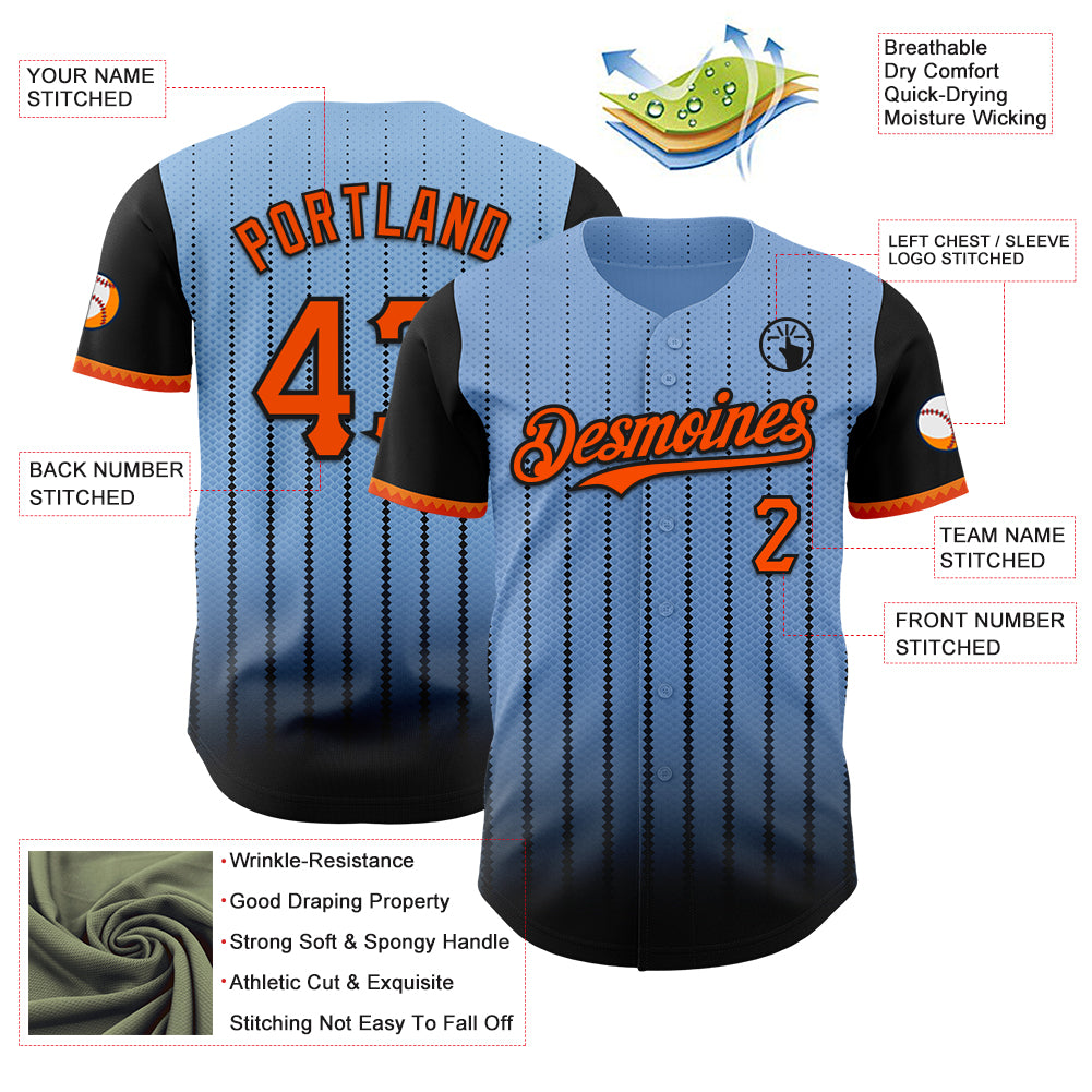 Custom Light Blue Orange-Black 3D Pattern Design Gradient Geometric Shape Authentic Baseball Jersey