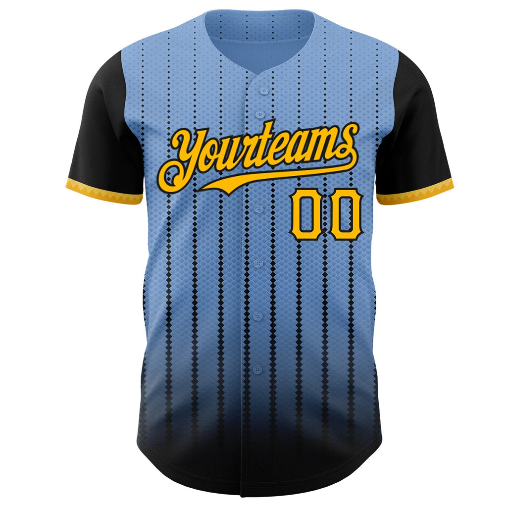 Custom Light Blue Gold-Black 3D Pattern Design Gradient Geometric Shape Authentic Baseball Jersey