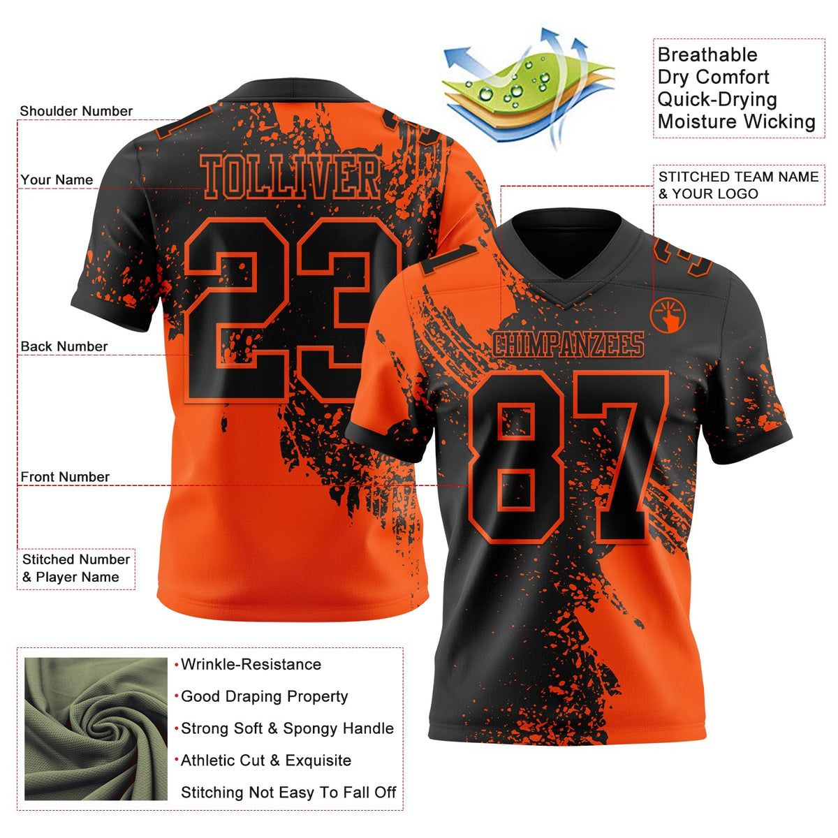 Custom Black Orange 3D Pattern Abstract Brush Stroke Authentic Football Jersey