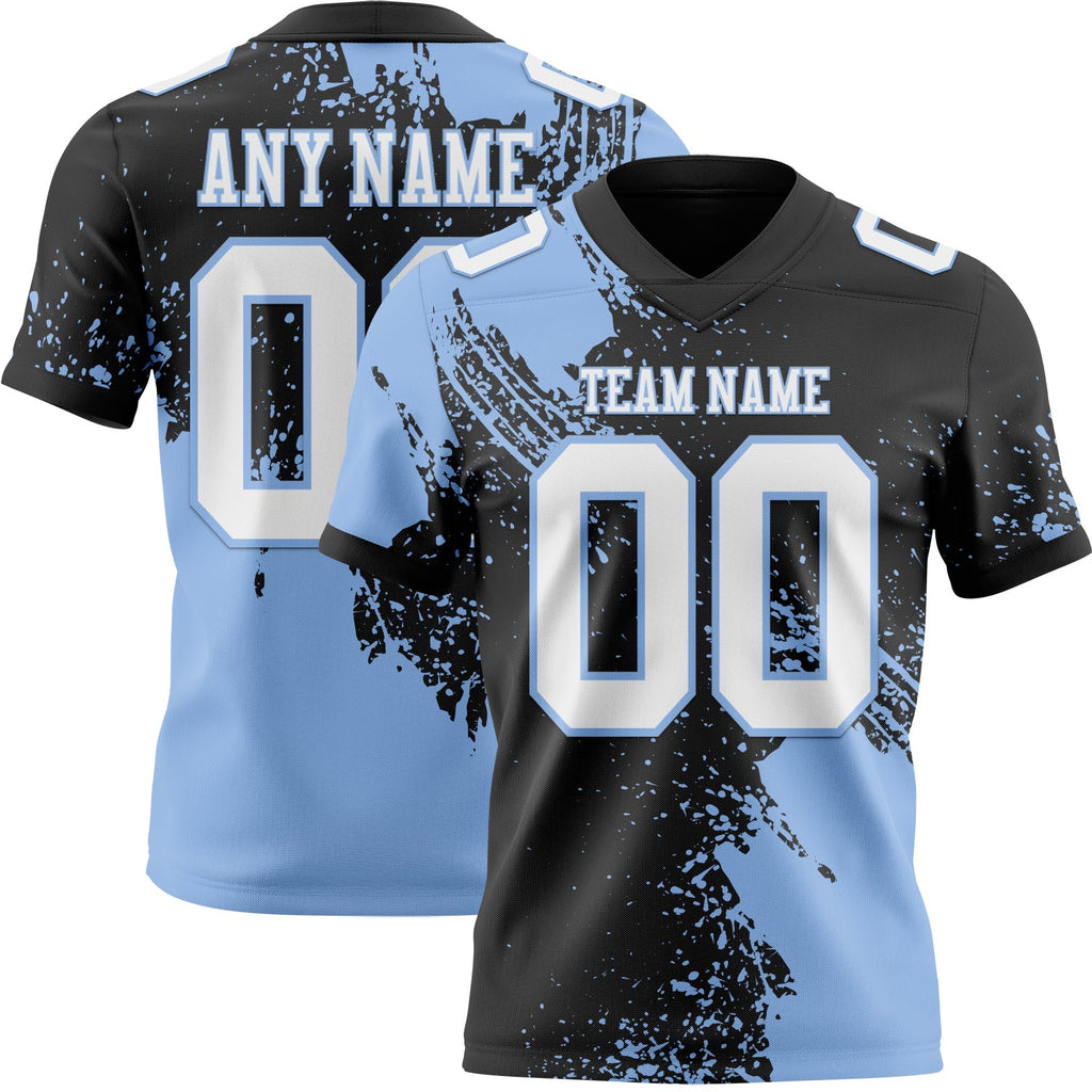 Custom Black White-Light Blue 3D Pattern Abstract Brush Stroke Authentic Football Jersey
