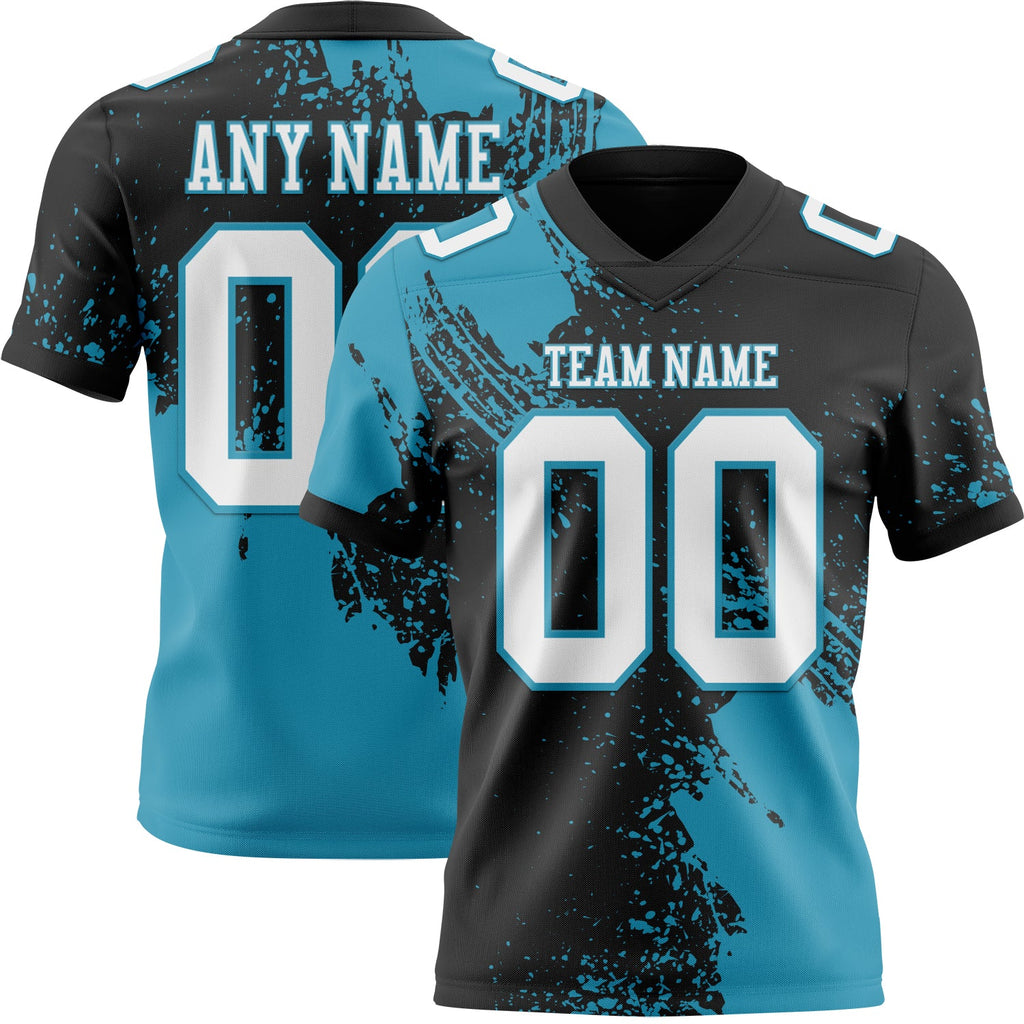 Custom Black White-Panther Blue 3D Pattern Abstract Brush Stroke Authentic Football Jersey