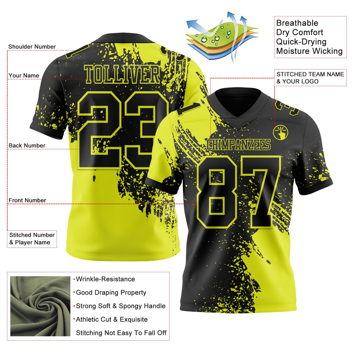 Custom Black Neon Yellow 3D Pattern Abstract Brush Stroke Authentic Football Jersey