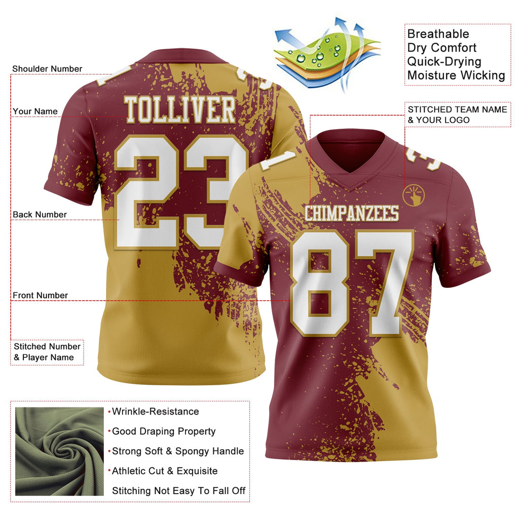 Custom Burgundy White-Old Gold 3D Pattern Abstract Brush Stroke Authentic Football Jersey