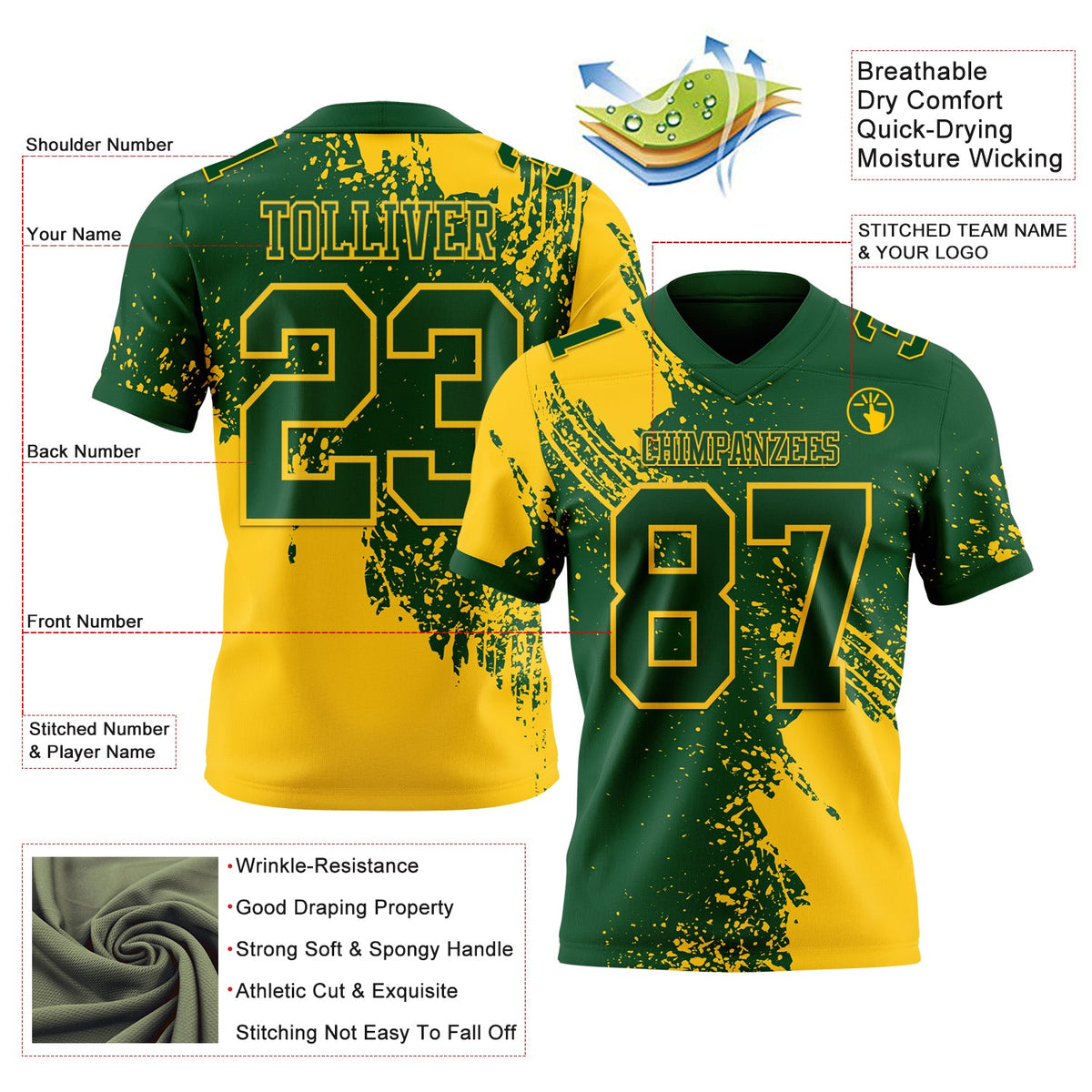 Custom Green Yellow 3D Pattern Abstract Brush Stroke Authentic Football Jersey