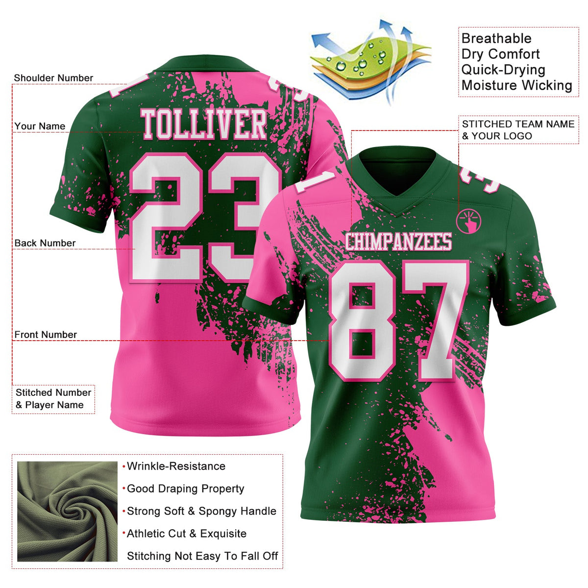 Custom Green White-Pink 3D Pattern Abstract Brush Stroke Authentic Football Jersey