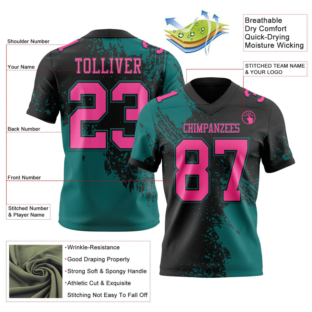 Custom Black Pink-Teal 3D Pattern Abstract Brush Stroke Authentic Football Jersey