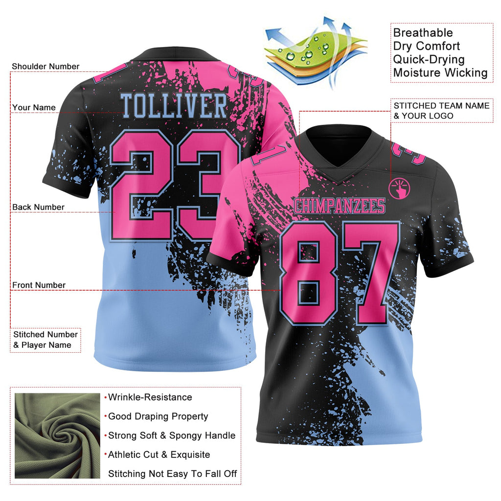 Custom Black Pink-Light Blue 3D Pattern Abstract Brush Stroke Authentic Football Jersey