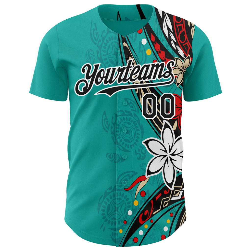 Custom Teal Black-White Hawaii Flower Authentic Baseball Jersey