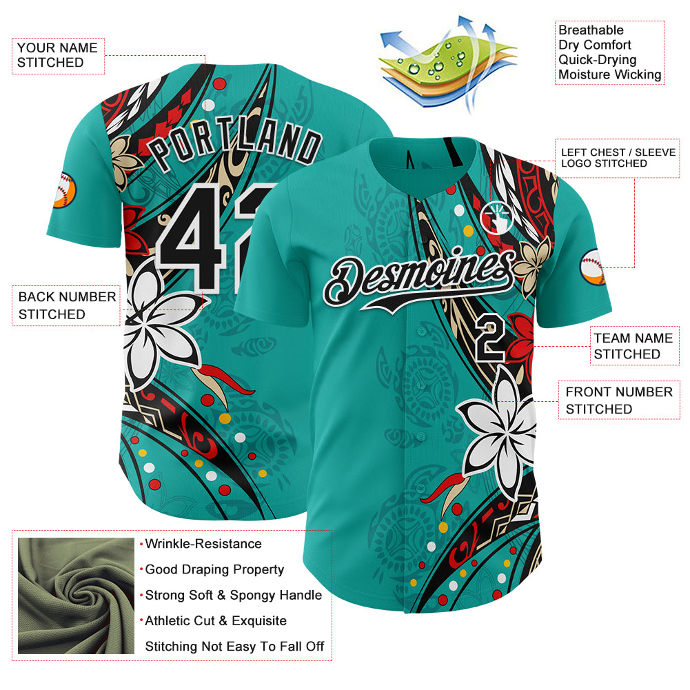 Custom Teal Black-White Hawaii Flower Authentic Baseball Jersey
