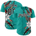 Custom Teal Black-White Hawaii Flower Authentic Baseball Jersey