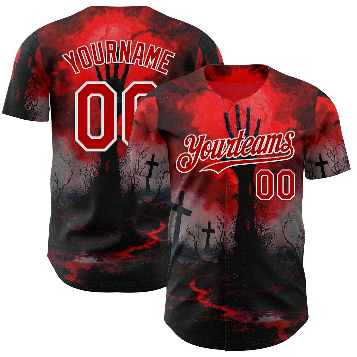 Custom Red Black-White 3D Halloween Spooky Horror Zombies Authentic Baseball Jersey