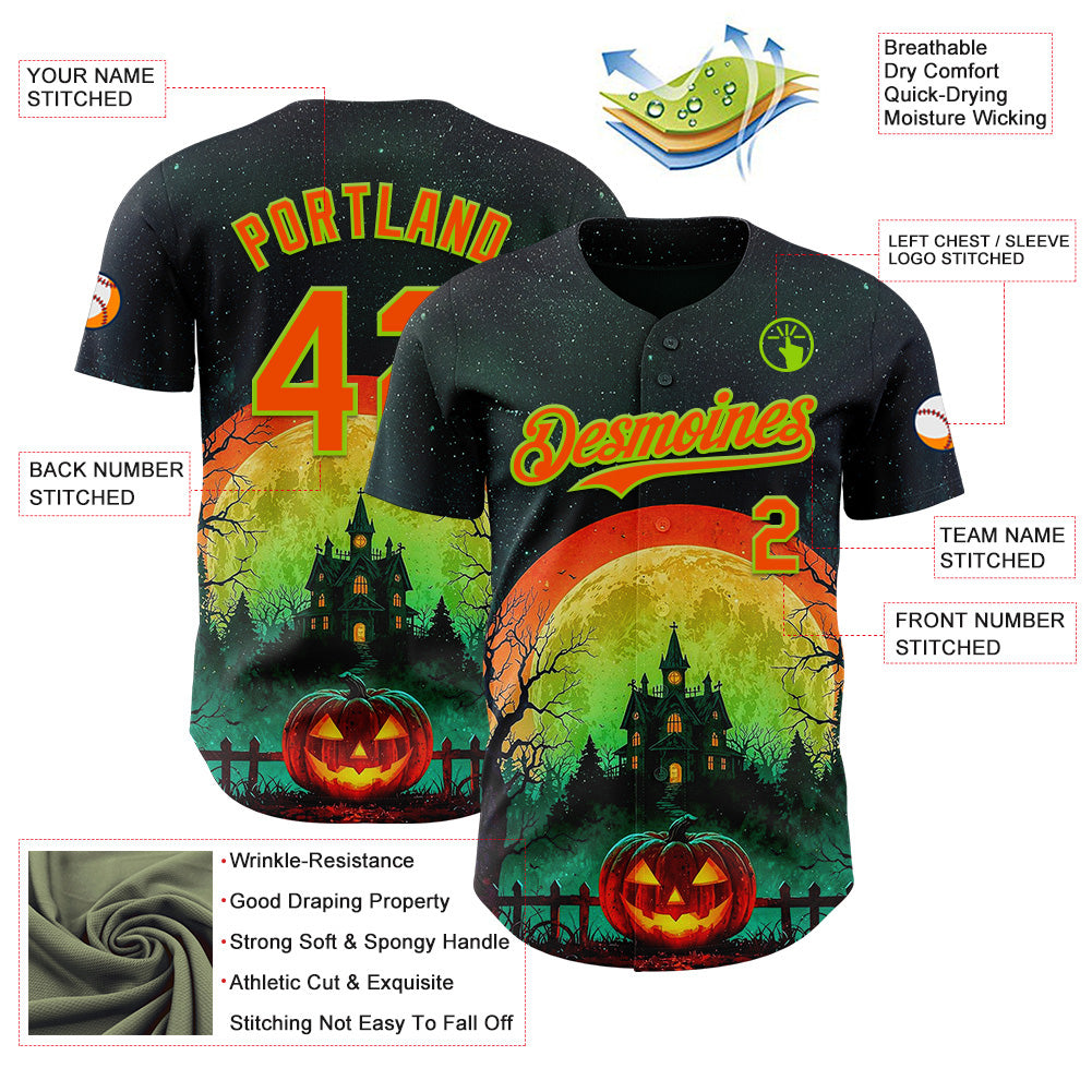 Custom Black Orange-Neon Green 3D Halloween Spooky Pumpkin Authentic Baseball Jersey
