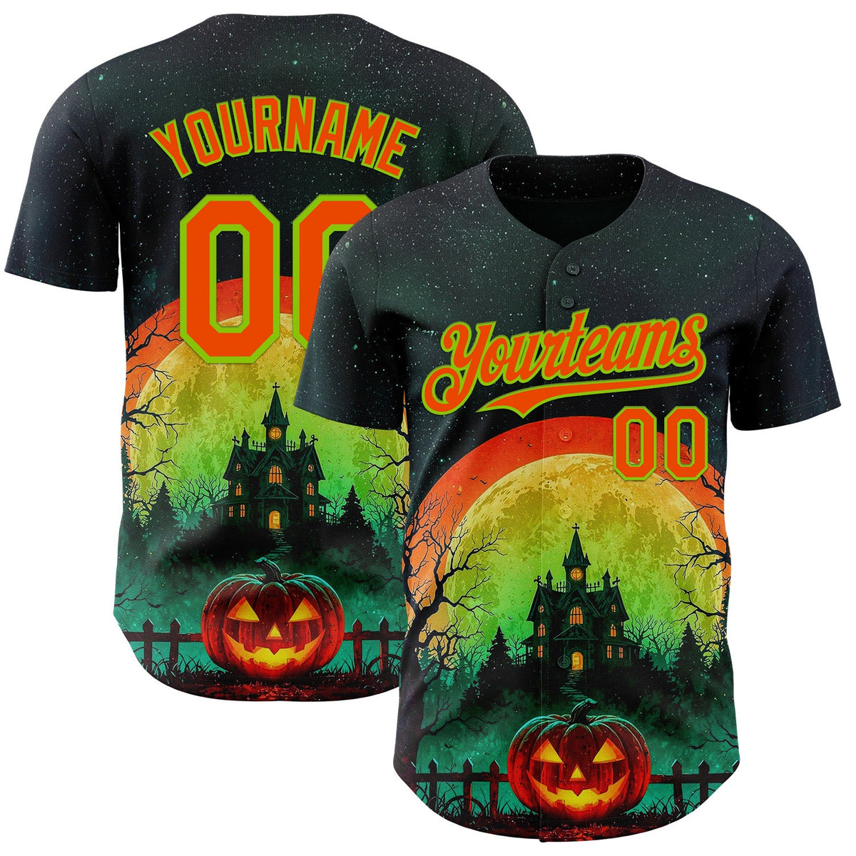 Custom Black Orange-Neon Green 3D Halloween Spooky Pumpkin Authentic Baseball Jersey