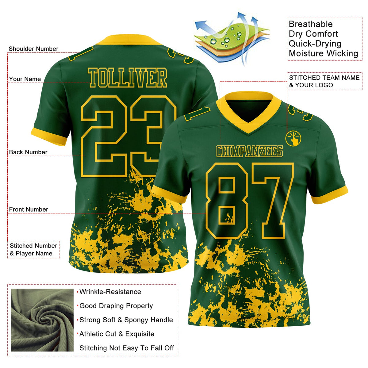 Custom Green Yellow 3D Pattern Splash Authentic Football Jersey