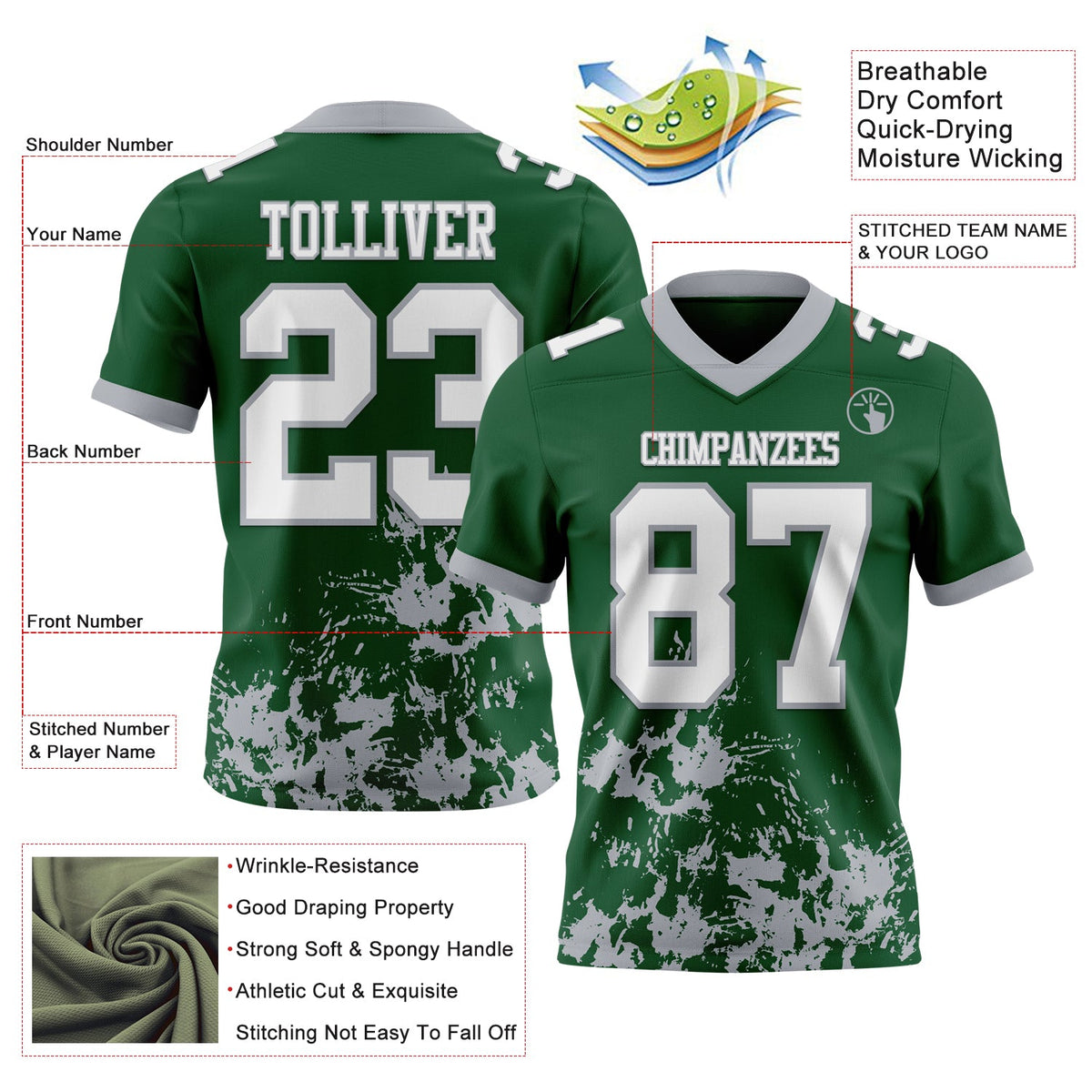Custom Green White-Gray 3D Pattern Splash Authentic Football Jersey