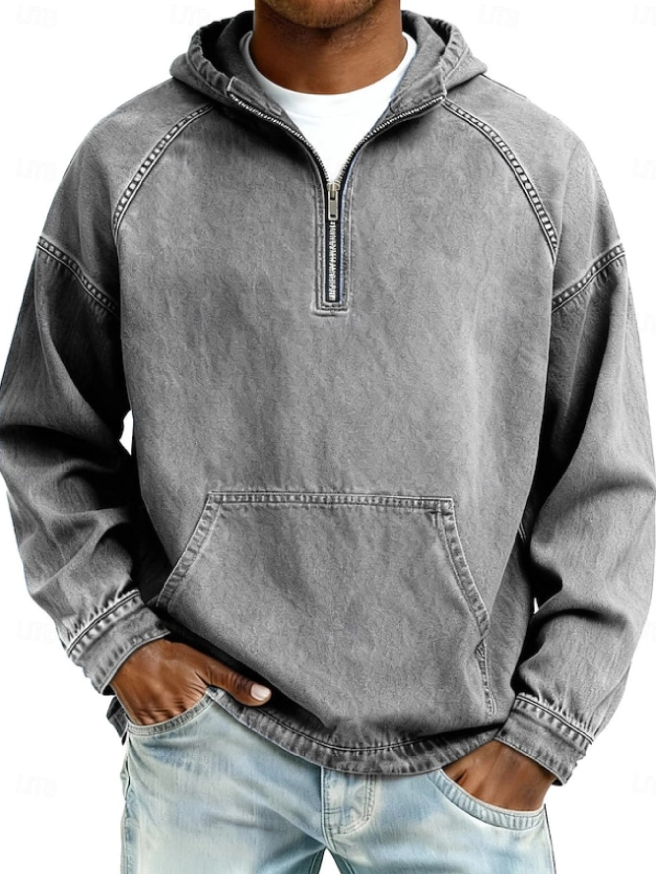Men's Denim-Style Half-Zip Hoodie, Plus Size, Casual Streetwear Pullover