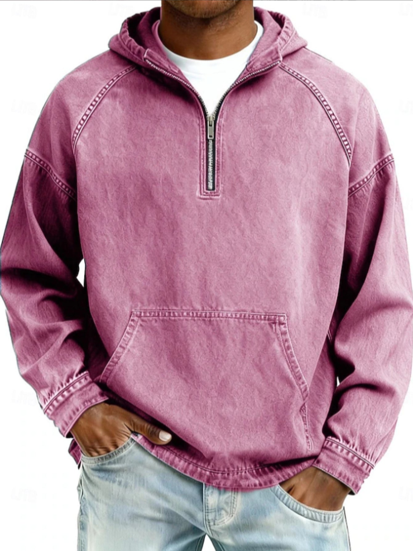 Men's Denim-Like Half-Zip Hoodie, Plus Size Faux Denim Pullover, Street-Style Casual Wear