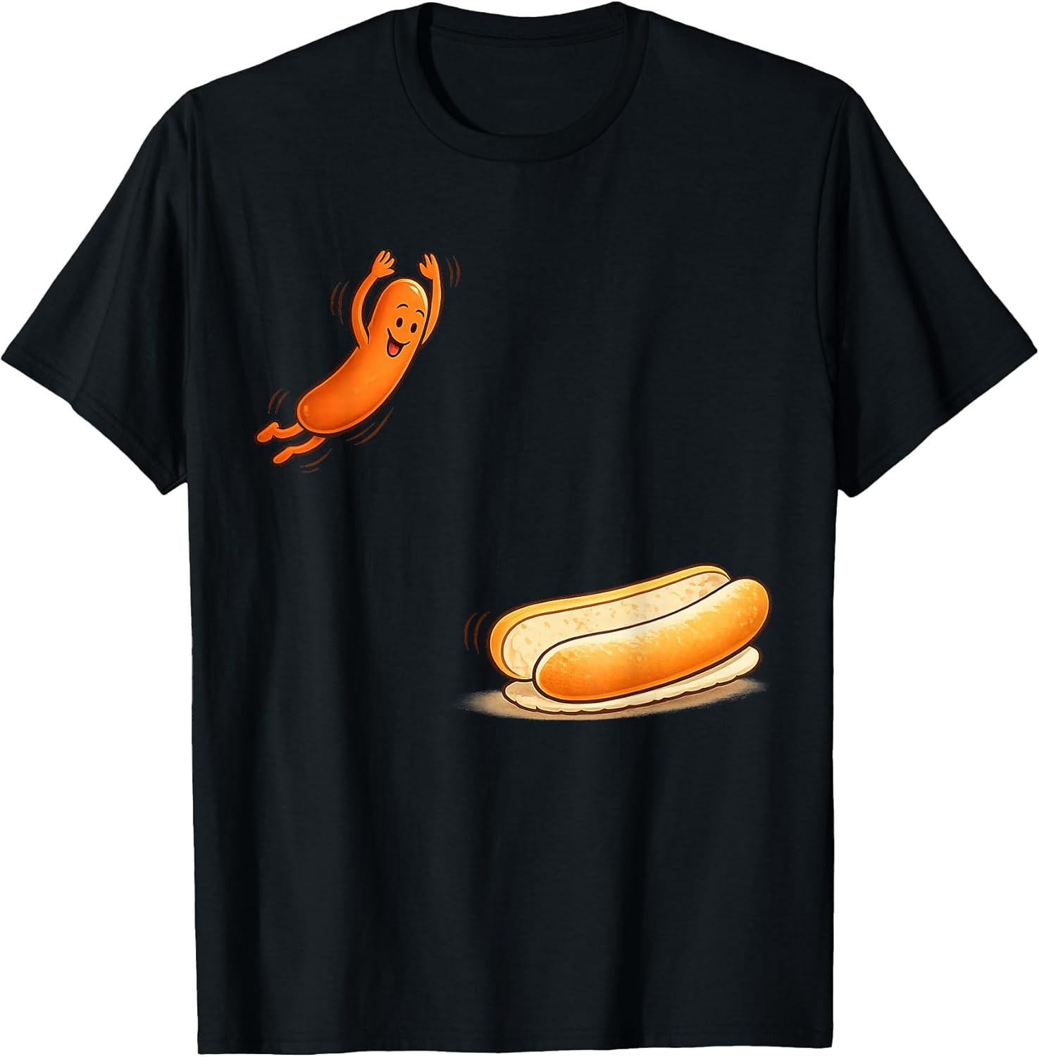 Funny Hot Dog Jumping Into Bun Cartoon BBQ Humor T-Shirt