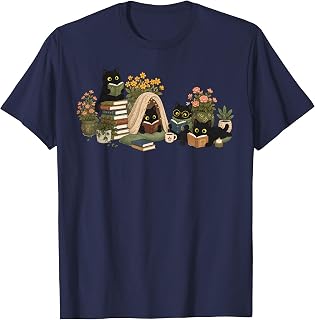 Black Cat Reading Book Cottagecore Pink Plant Floral Cozy T-Shirt