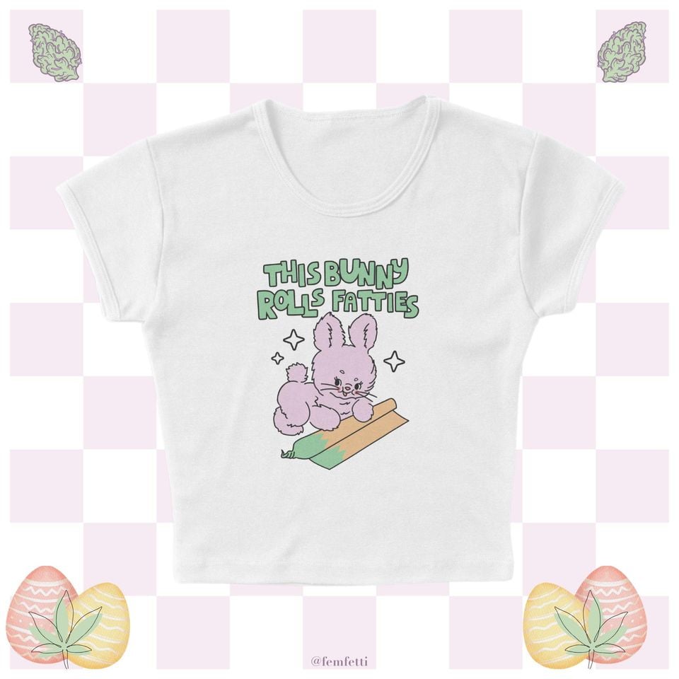 Bunny Rolls Micro Rib Baby Tee, Easter 420 Holiday Brunch Outfit, 420-Friendly Stoner Women's Fitted Shirt, Marijuana Weed Gift for Her