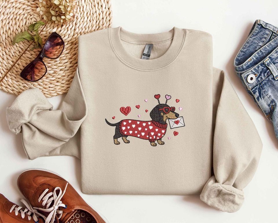 Embroidered Dachshund Valentine's Day Shirt, Embroidered Dachshund Sweatshirt, Dog Valentines Day, Valentine Shirt, Sausage Dogs Shirt