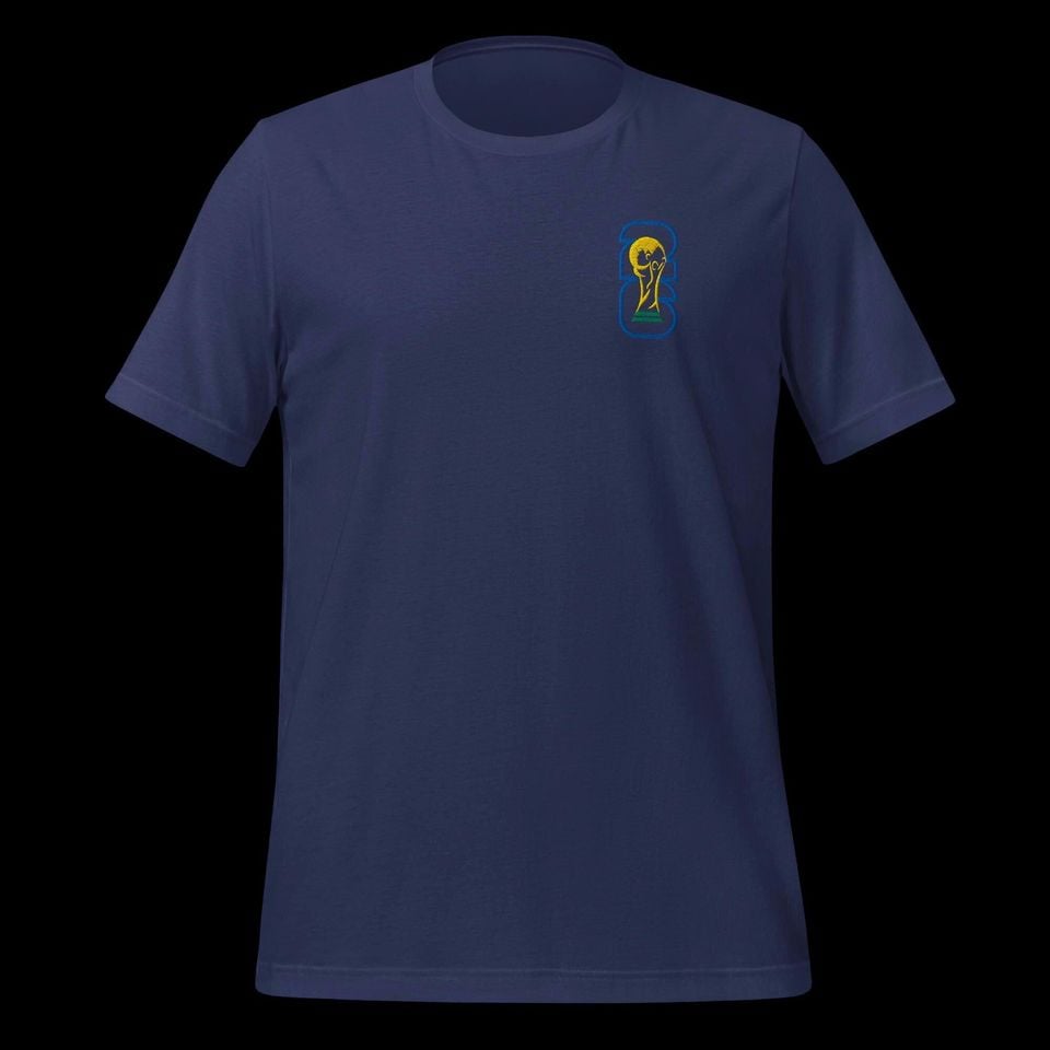 World Football Trophy Embroidered Logo T-Shirt - Gold Trophy & Blue 26 - Soccer Fan Tee