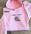 Embroidered I Require Snacks Sweatshirt, Feral Raccoon Crewneck and Hoodie