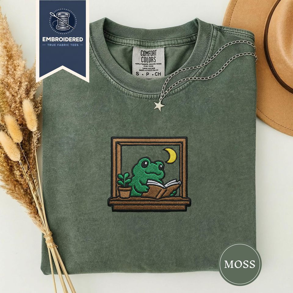 Frog Reading in Window Embroidered Tee, Comfort Colors Cottagecore Frog Shirt, Cozy Bookish Animal Gift, Cute Frogcore Reader Tee